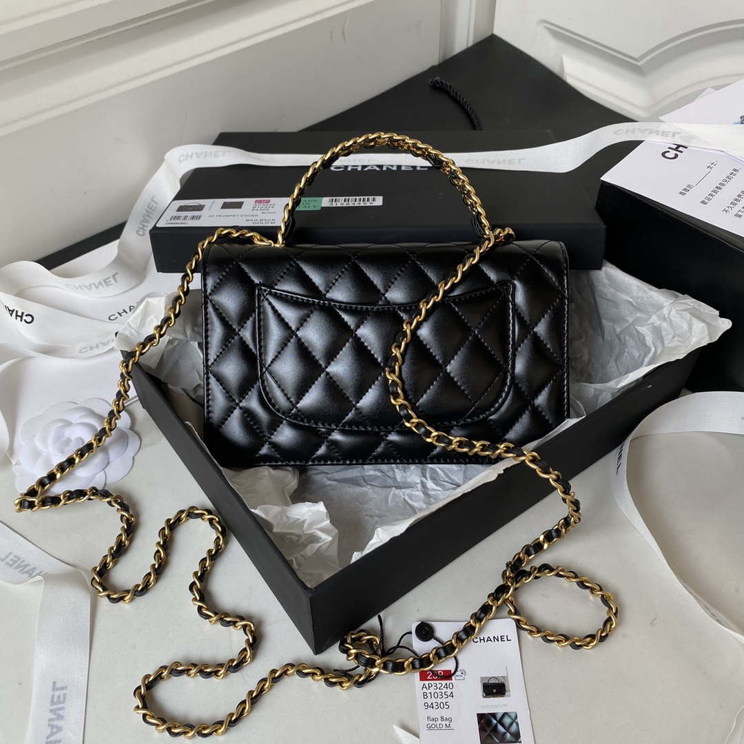 Chanel Ap Flap Bag With Top Handle Lambskin Gold Tone Metal Black