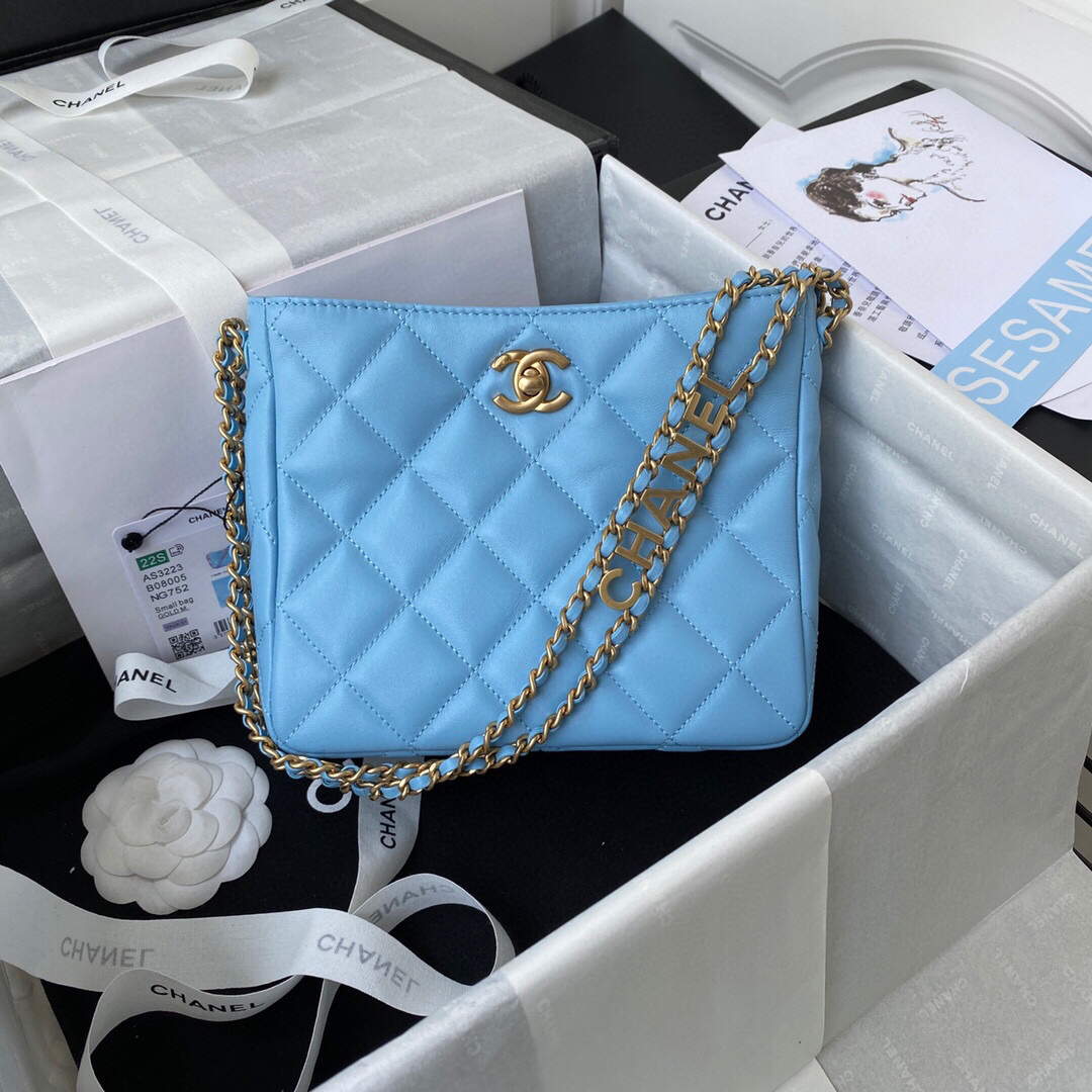 Chanel Small Hobo Bag Lambskin Gold AS3223 Blue | Wholesales High ...