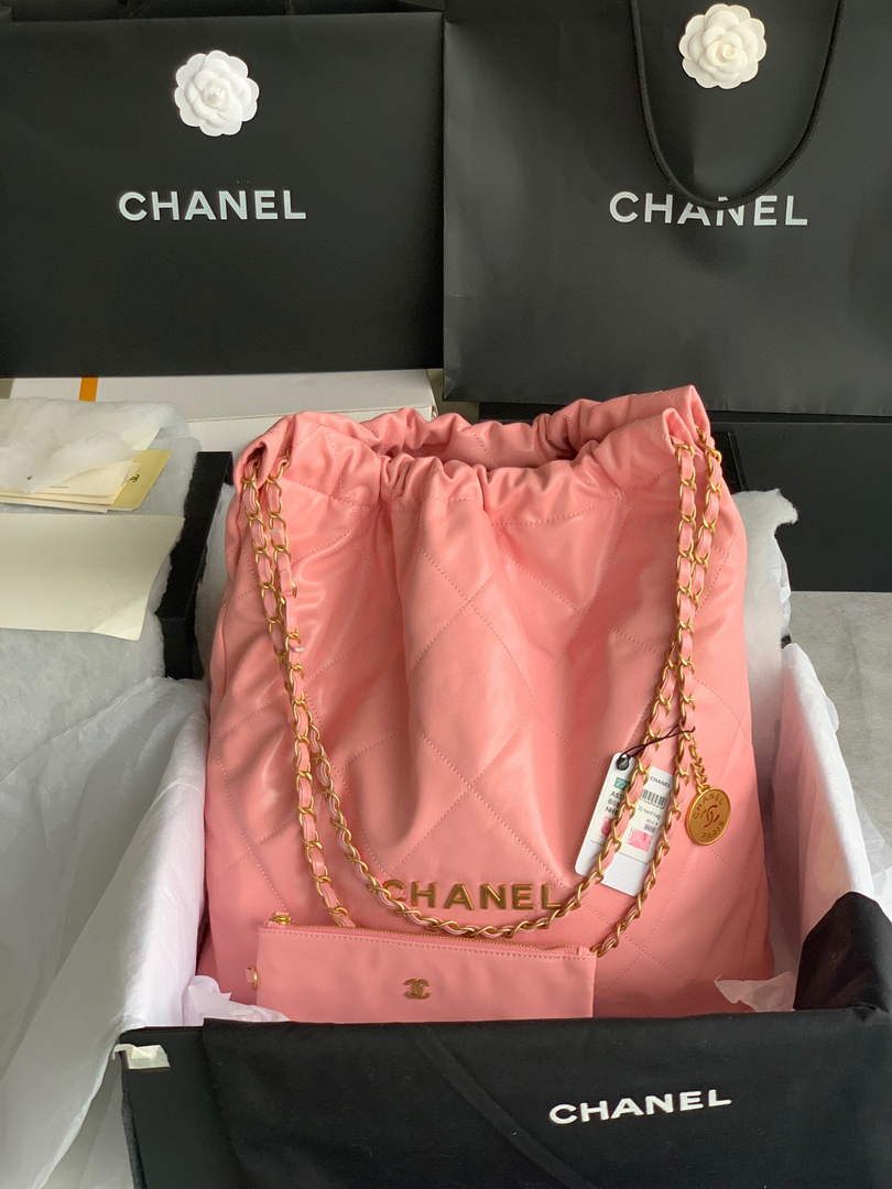 Chanel 22 Large Handbag Shiny Calfskin Gold-Tone Metal AS3262 Pink