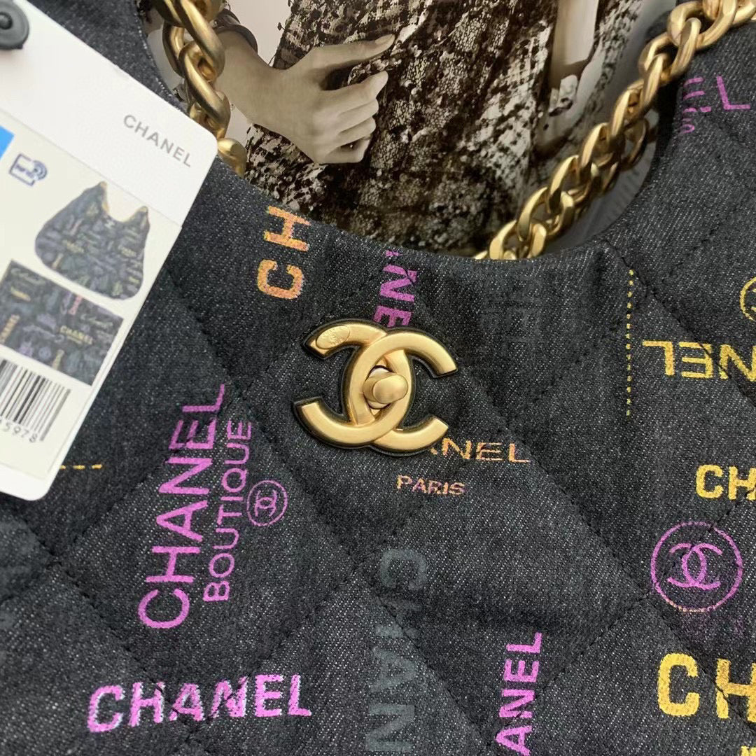 Chanel Maxi Hobo Bag AS3156 Printed denim gold-tone metal Black