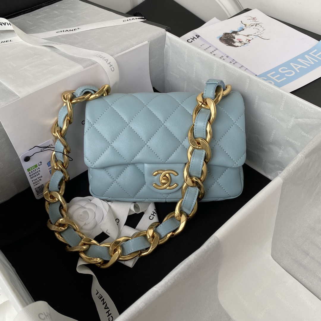 Chanel AS3214 Small Flap Bag Lambskin Gold-Tone Metal Blue | Wholesales ...