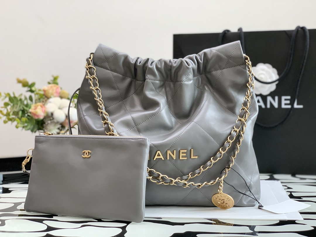 Chanel 22 Handbag Metallic Calfskin AS3261 Gray Gold Metal With