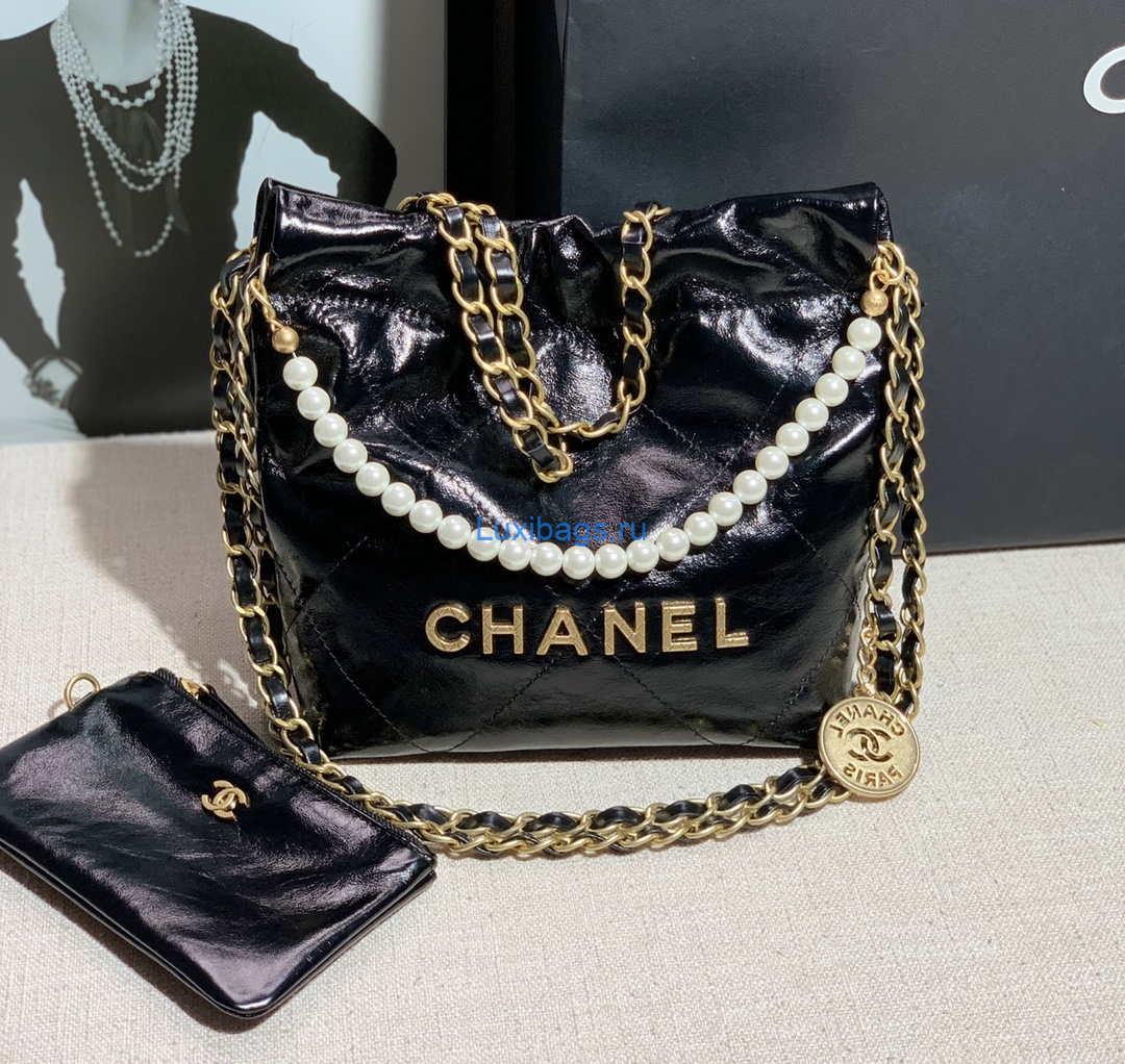 Chanel 22 Mini Handbag Shiny Calfskin AS3260 Pearl Chain Black with ...