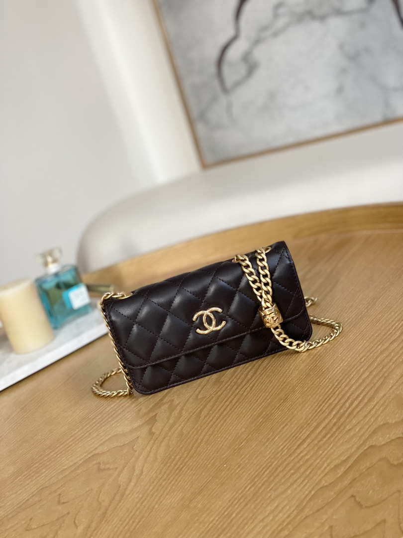 Chanel AP3047 FLAP Phone Holder With Chain Dark Brown Lambskin ...