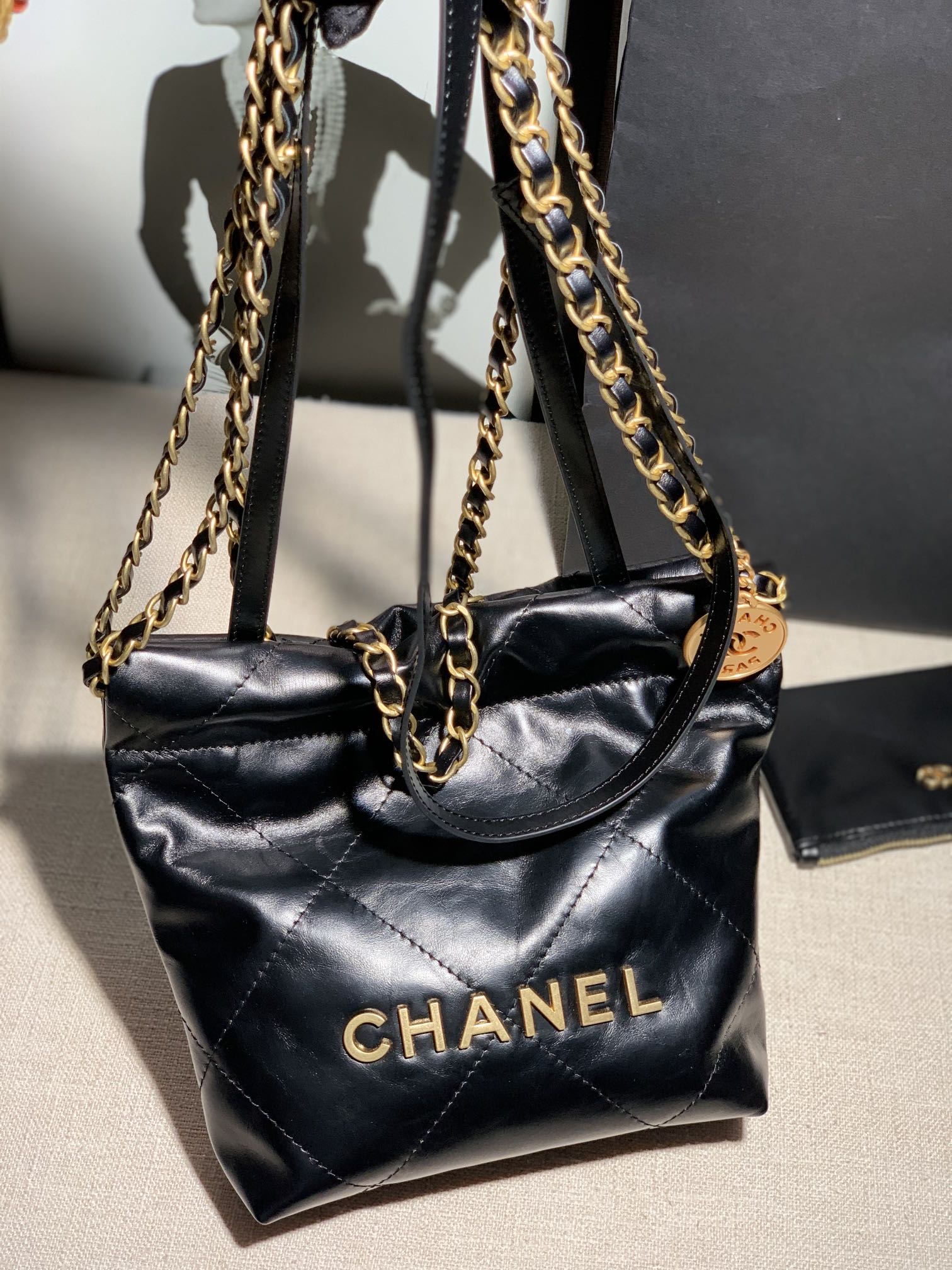 Chanel AS3260 22 Mini Handbag Calfskin Pearl Chain Black with Gold A90