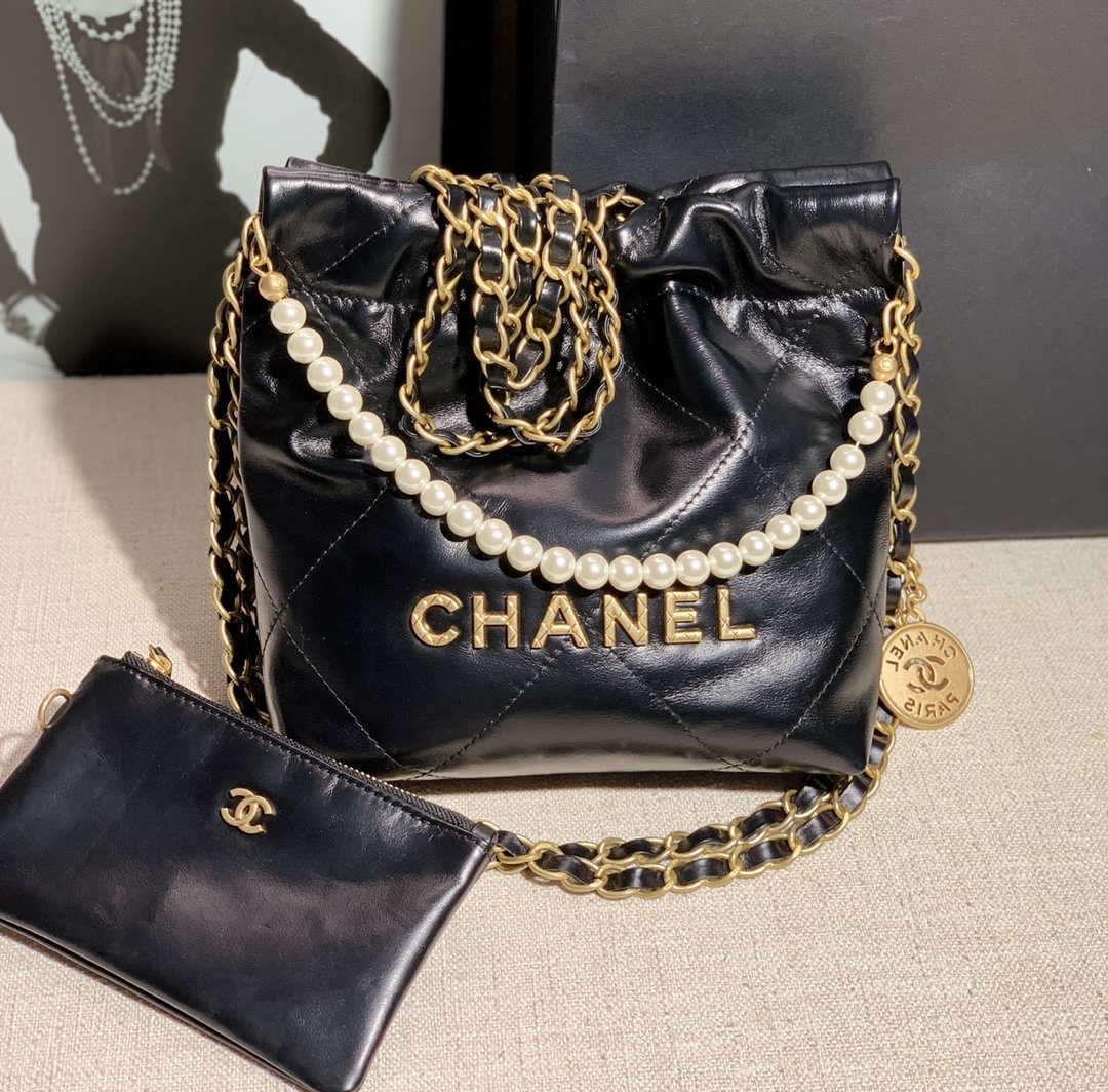 Chanel AS3260 22 Mini Handbag Calfskin Pearl Chain Black with Gold A90 ...