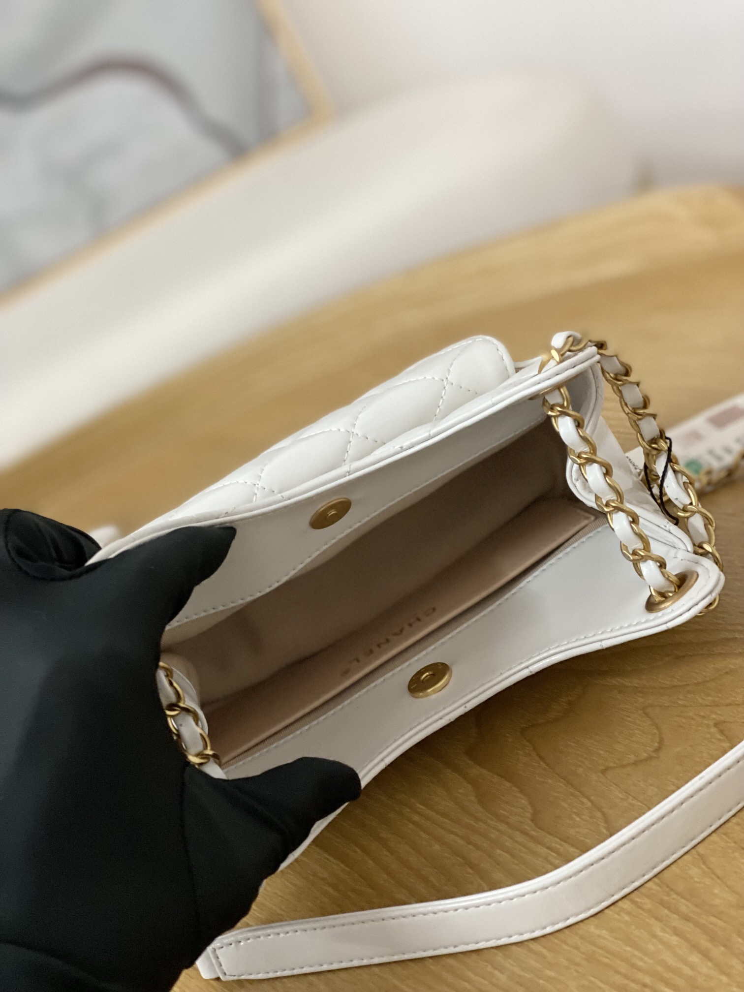 Chanel AS3710 Small Hobo Handbag Shiny Crumpled Calfskin & Gold-Tone Metal  White
