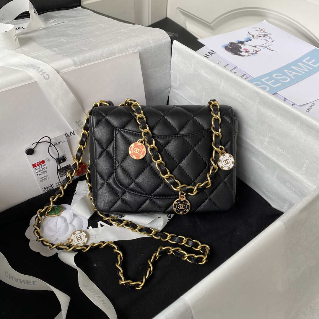Chanel AS3738 Mini Flap Bag Lambskin Enamel & Gold-Tone Metal Black