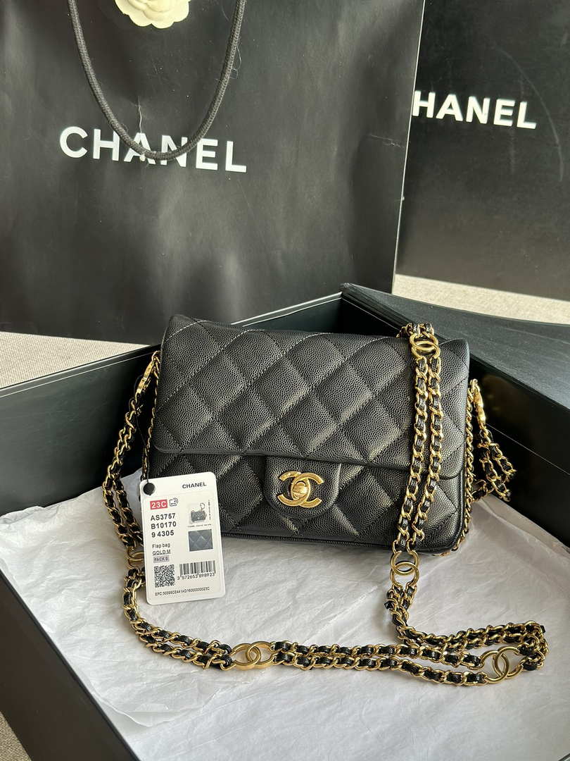 Chanel AS3757 Mini Flap Bag Grained Calfskin & Gold-Tone Metal Black